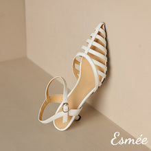 Load image into Gallery viewer, Ivory-Leather-High-Heel-Sandals-with-Roman-Design-product-shots
