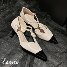 Load image into Gallery viewer, Ivory-Leather-High-Heel-T-Straps-with-Flower-Design-and-Black-Toe-Cap-product-shots
