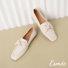 Load image into Gallery viewer, Ivory-Leather-Loafers-with-Bow-Knot-Design-product-shots
