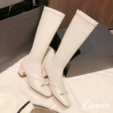 Load image into Gallery viewer, Ivory-Leather-Long-Boots-with-Bow-Knot-and-Pearl-Design-product-shots
