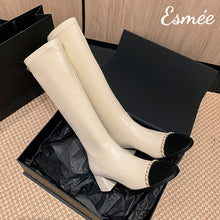 Load image into Gallery viewer, Ivory-Leather-Long-Boots-with-Chain-Design-and-Black-Toe-Cap-product-shots
