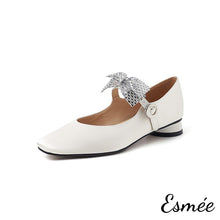 Load image into Gallery viewer, Ivory-Leather-Mary-Janes-with-Detachable-Silver-Bow-Knot-product-shots-white-background
