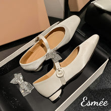 Load image into Gallery viewer, Ivory-Leather-Mary-Janes-with-Detachable-Silver-Bow-Knot-product-shots
