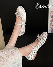 Load image into Gallery viewer, Ivory-Leather-Maryjanes-with-Woven-Design-model-shots
