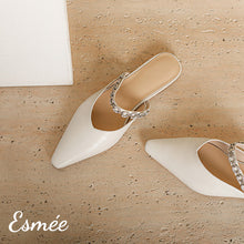 Load image into Gallery viewer, Ivory-Leather-Mules-with-Rhinestone-Chain-Design-product-shots
