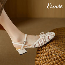 Load image into Gallery viewer, Ivory-Leather-Sandals-with-Net-Design-and-Bow-Knot-model-shots
