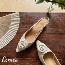 Load image into Gallery viewer, Ivory-Leather-Slingback-with-Rose-Bud-Design-product-shots
