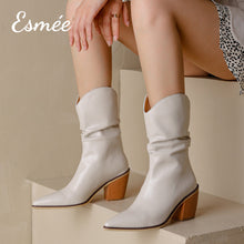 將圖片載入圖庫檢視器 Ivory-Shiny-Leather-Cowboy-Mid-Boots-with-Block-Heels-model-shots
