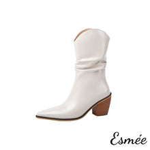 Load image into Gallery viewer, Ivory-Shiny-Leather-Cowboy-Mid-Boots-with-Block-Heels-product-shots-white-background
