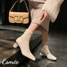 Load image into Gallery viewer, Ivory-Suede-Ankle-Boots-with-Pearl-Heels-model-shots
