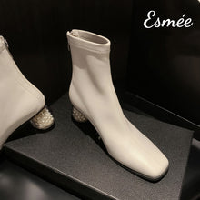 Load image into Gallery viewer, Ivory-Suede-Ankle-Boots-with-Pearl-Heels-product-shots
