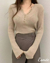 Load image into Gallery viewer, Khaki-Korean-Cotton-Knitwear-with-Special-Cut-Out-Design-model-shots
