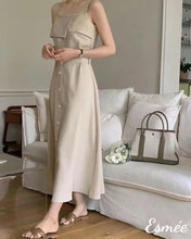 Load image into Gallery viewer, Khaki-Korean-Cotton-Midi-Dress-with-Belt-and-Layered-Detail-model-shots-1
