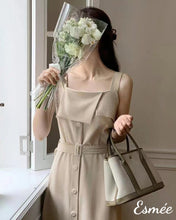 Load image into Gallery viewer, Khaki-Korean-Cotton-Midi-Dress-with-Belt-and-Layered-Detail-model-shots
