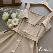 Load image into Gallery viewer, Khaki-Korean-Cotton-Midi-Dress-with-Belt-and-Layered-Detail-product-shots
