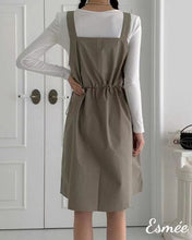 Load image into Gallery viewer, Khaki-Korean-Cotton-One-Piece-with-Elasticated-Waistband-and-Sleeveless-Design-model-shots-3
