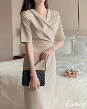 Load image into Gallery viewer, Khaki-Korean-Cotton-One-Piece-with-V-Neck-Design-model-shots
