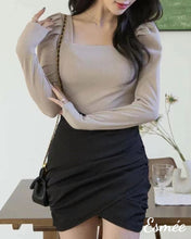 Load image into Gallery viewer, Khaki-Korean-Cotton-Top-with-Puffed-Sleeves-and-U-Shaped-Neckline-Design-model-shots
