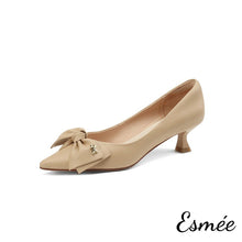 將圖片載入圖庫檢視器 Khaki-Lambskin-Leather-High-Heels-with-Bow-Knot-Design-product-shots-white-background
