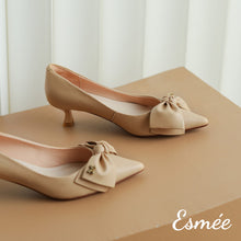 Load image into Gallery viewer, Khaki-Lambskin-Leather-High-Heels-with-Bow-Knot-Design-product-shots
