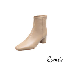 Load image into Gallery viewer, Khaki-Leather-Ankle-Boots-with-Cylinder-Heels-product-shots-white-background
