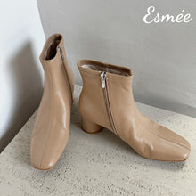 Load image into Gallery viewer, Khaki-Leather-Ankle-Boots-with-Cylinder-Heels-product-shots
