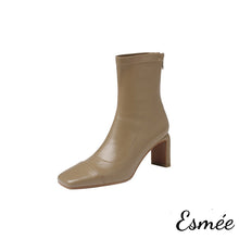 將圖片載入圖庫檢視器 Khaki-Leather-Ankle-Boots-with-Thin-Block-Heels-product-shots-white-background
