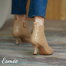 Load image into Gallery viewer, Khaki-Leather-Ankle-Boots-with-Woven-Design-model-shots
