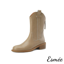 將圖片載入圖庫檢視器 Khaki-Leather-Cowboy-Mid-Boots-with-Pull-Straps-Design-product-shots-white-background
