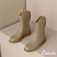 將圖片載入圖庫檢視器 Khaki-Leather-Cowboy-Mid-Boots-with-Pull-Straps-Design-product-shots
