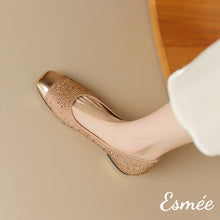 Load image into Gallery viewer, Khaki-Leather-Flats-with-Bead-and-Golden-Toe-Cap-Design-model-shots
