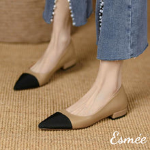 Load image into Gallery viewer, Khaki-Leather-Flats-with-Black-Pointed-Toe-Cap-model-shots
