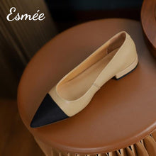 Load image into Gallery viewer, Khaki-Leather-Flats-with-Black-Pointed-Toe-Cap-product-shots
