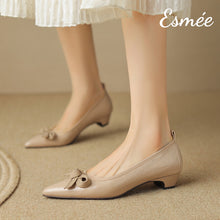 Load image into Gallery viewer, Khaki-Leather-Flats-with-Bow-Knot-model-shots
