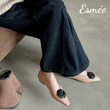 Load image into Gallery viewer, Khaki-Leather-Flats-with-Dual-Color-Flower-Design-model-shots
