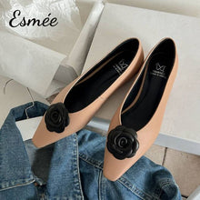 Load image into Gallery viewer, Khaki-Leather-Flats-with-Dual-Color-Flower-Design-product-shots
