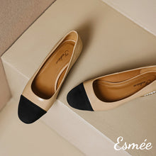 Load image into Gallery viewer, Khaki-Leather-Flats-with-Mini-Pearl-Heels-and-Black-Toe-Cap-product-shots
