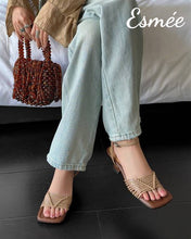 Load image into Gallery viewer, Khaki-Leather-High-Hee-Sandals-with-Ankle-Straps-_-Woven-Design-model-shots
