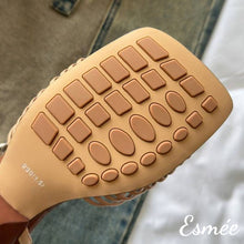 Load image into Gallery viewer, Khaki-Leather-High-Hee-Sandals-with-Ankle-Straps-_-Woven-Design-product-shots-detail
