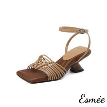 Load image into Gallery viewer, Khaki-Leather-High-Hee-Sandals-with-Ankle-Straps-_-Woven-Design-product-shots-white-background
