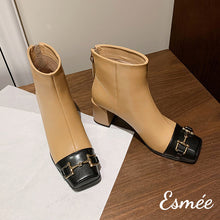 Load image into Gallery viewer, Khaki-Leather-High-Heel-Ankle-Boots-with-Dual-Color-Toe-Cap-and-Horsebit-Design-product-shots
