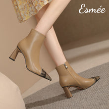 Load image into Gallery viewer, Khaki-Leather-High-Heel-Ankle-Boots-with-Snake-Leather-Toe-Cap-model-shots
