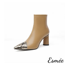 Load image into Gallery viewer, Khaki-Leather-High-Heel-Ankle-Boots-with-Snake-Leather-Toe-Cap-product-shots-white-background
