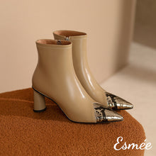 Load image into Gallery viewer, Khaki-Leather-High-Heel-Ankle-Boots-with-Snake-Leather-Toe-Cap-product-shots
