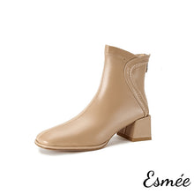 Load image into Gallery viewer, Khaki-Leather-High-Heel-Ankle-Boots-with-Special-Cutting-Design-product-shots-white-background
