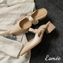 Load image into Gallery viewer, Khaki-Leather-High-Heel-Mules-with-Bow-Knot-Straps-product-shots
