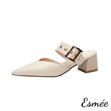 Load image into Gallery viewer,     Khaki-Leather-High-Heel-Mules-with-Thick-Leather-Buckle-product-shots-white-background
