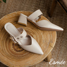 Load image into Gallery viewer, Khaki-Leather-High-Heel-Mules-with-Thick-Leather-Buckle-product-shots
