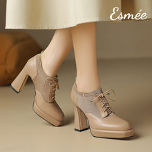 Load image into Gallery viewer, Khaki-Leather-High-Heel-Oxford-Shoes-with-2.5-cm-Platform-and-Fabrics-Design-model-shots
