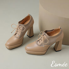 將圖片載入圖庫檢視器 Khaki-Leather-High-Heel-Oxford-Shoes-with-2.5-cm-Platform-and-Fabrics-Design-product-shots
